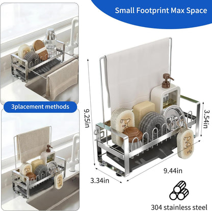 Sponge Holder for Kitchen Sink,Suction Cup 304 Stainless Steel Sink Caddy with Dishcloth Holder, Self Drain Tray Sink Oragnizer for Countertop, Soap Dispenser Storage