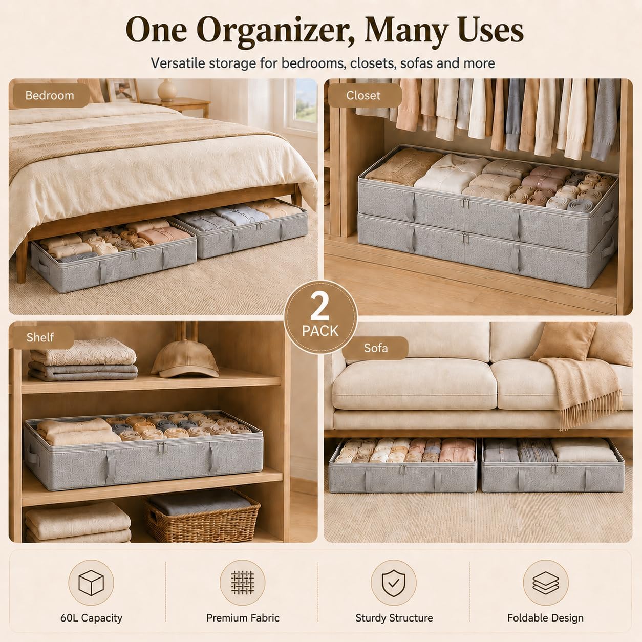 Vailando Side-Supported Under Bed Storage Containers, 6 Inches Tall 60L Underbed Storage Bins with Sturdy Handles and Sidewalls, Closet Organizer for Clothes, Blankets, Seasonal Items, Beige, 2-Pack