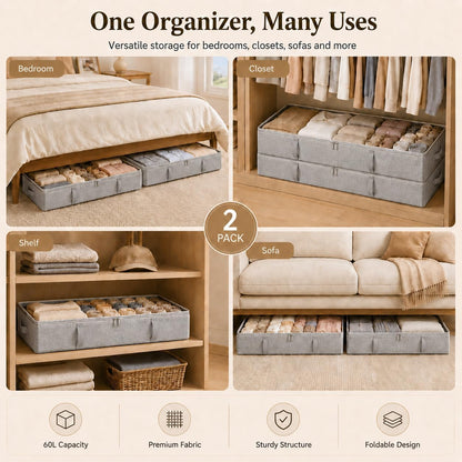 Vailando Side-Supported Under Bed Storage Containers, 6 Inches Tall 60L Underbed Storage Bins with Sturdy Handles and Sidewalls, Closet Organizer for Clothes, Blankets, Seasonal Items, Beige, 2-Pack