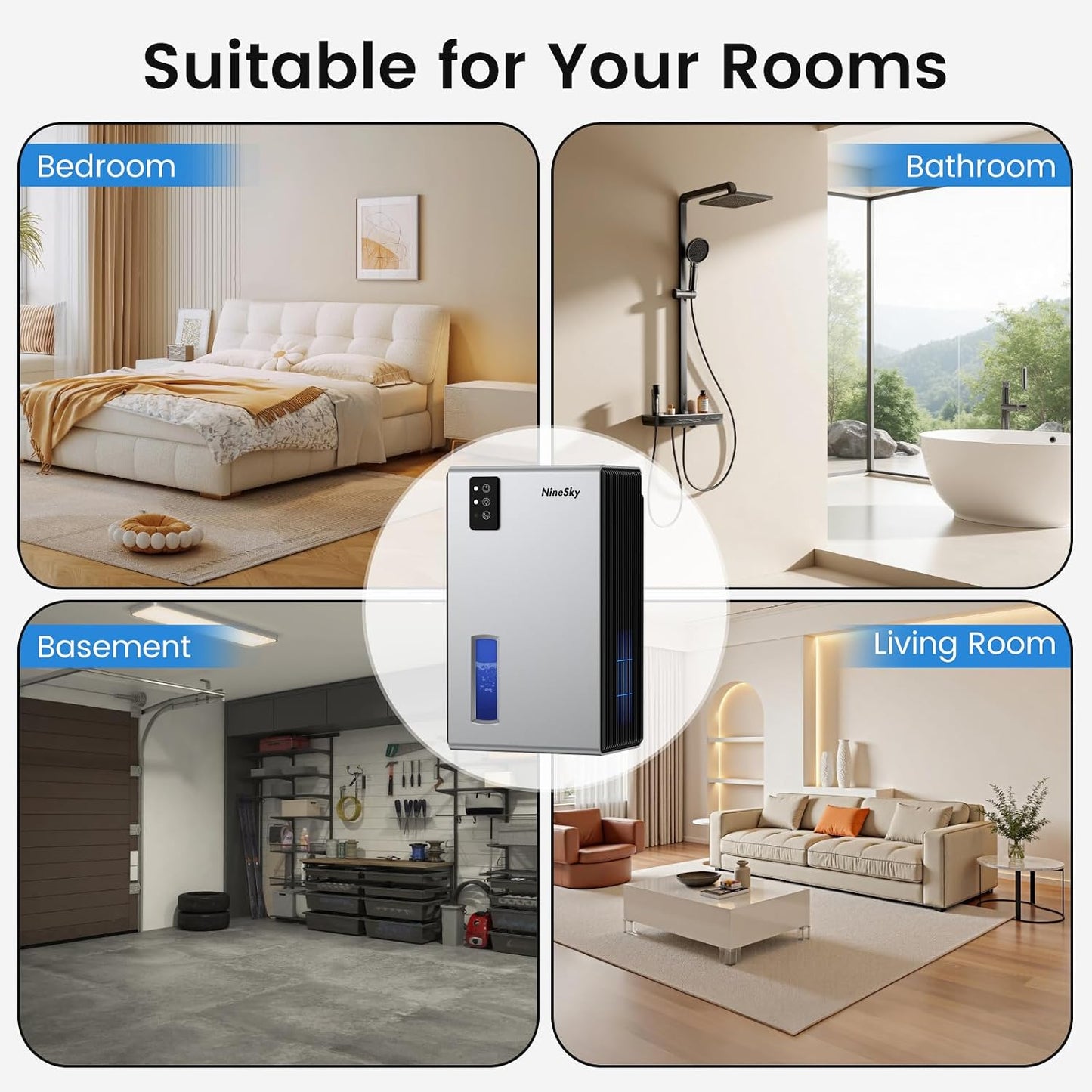 NineSky Dehumidifiers for Home, 1000 Sq.Ft Dehumidifier with 95oz Water Tank, Quiet Dehumidifier for Basement Bathroom Bedroom with 7-Color Ambient Light & Auto Shut Off, Sliver