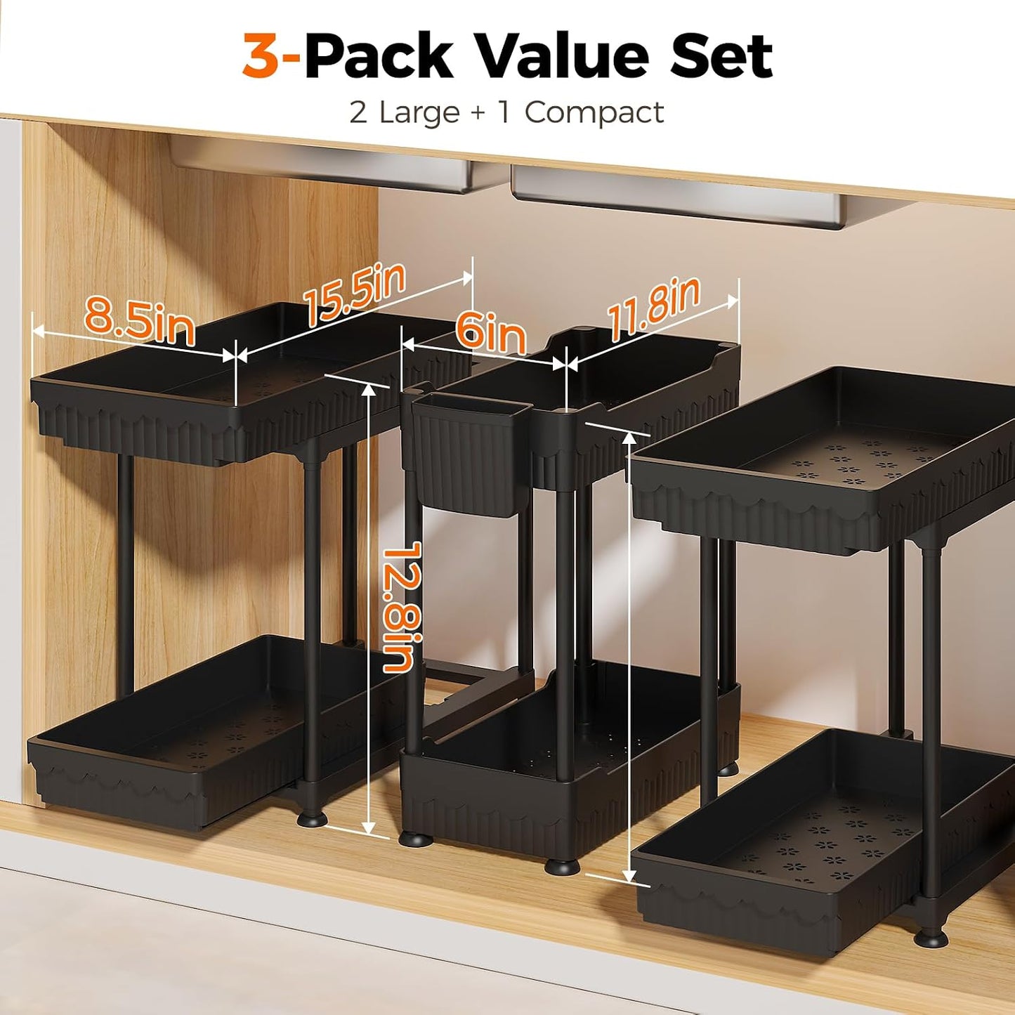 Sevenblue 3-Pack 2-Tier Under Sink Organizers with Sliding Drawers | Multi-use kitchen & bathroom storage, 12.8 inch black cabinet organizer, space-saving sliding drawer design.