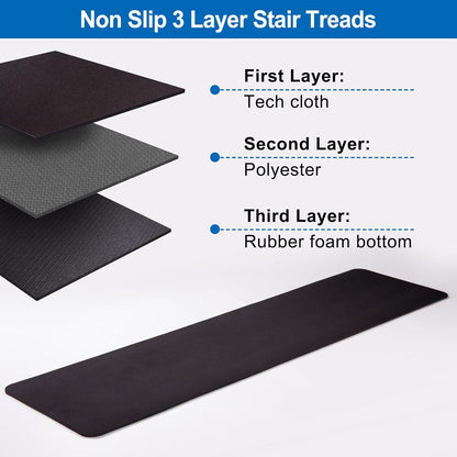 Carpet Stair Treads Non Slip for Wooden Stairs, Rubber Backed Indoor Stair Treads with Tech Fabric Surface, Anti Slip Stair Covers, 30" x 8", Set of 15, Black