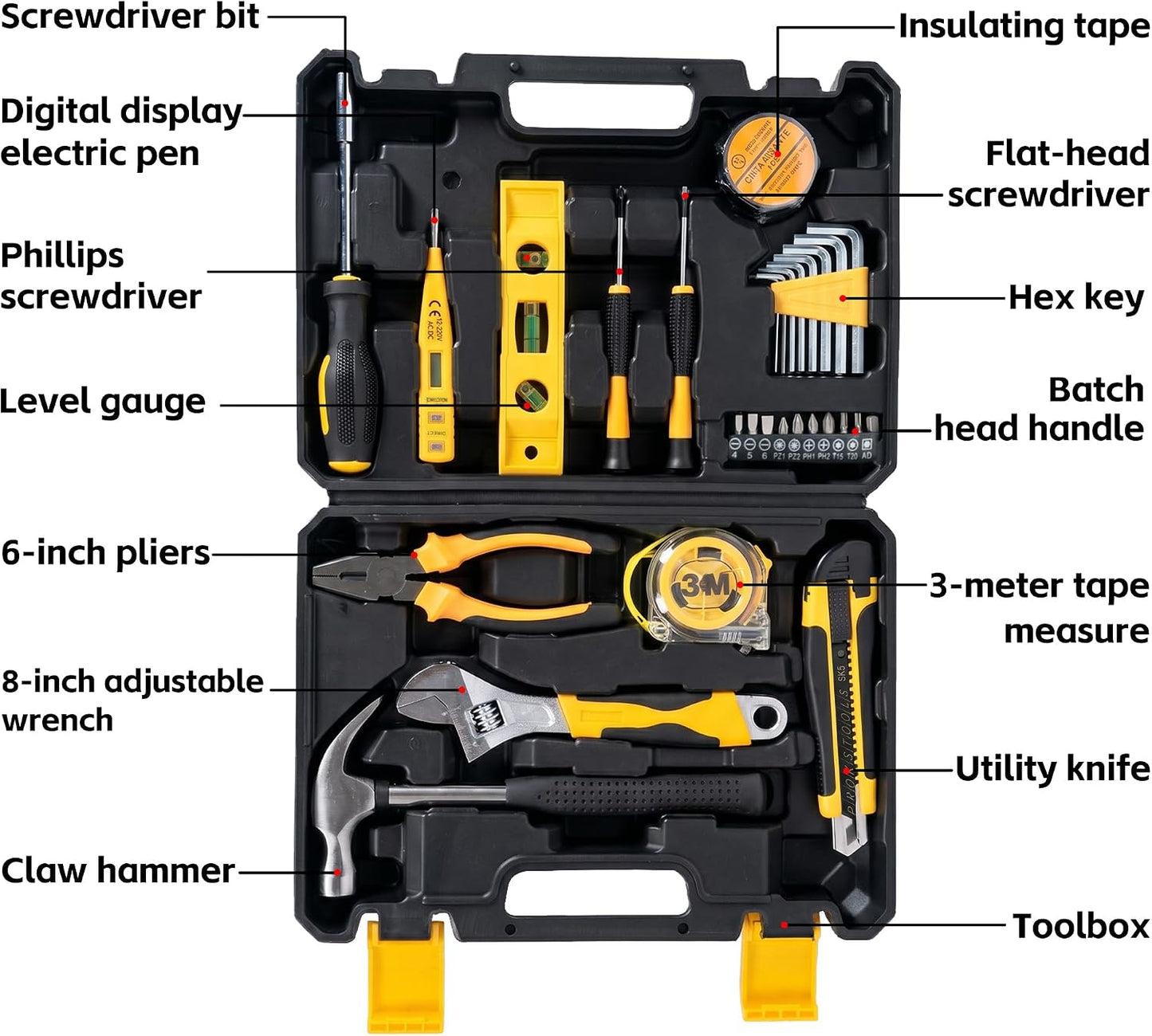 Basic Home Tool Set Household Tool kit for General Repair 8 Pcs | Includes Claw Hammer, Pliers ,Tape Measure, Phillips & Flathead Screwdriver, Electric Pen, Utility Knife, Insulating Tape
