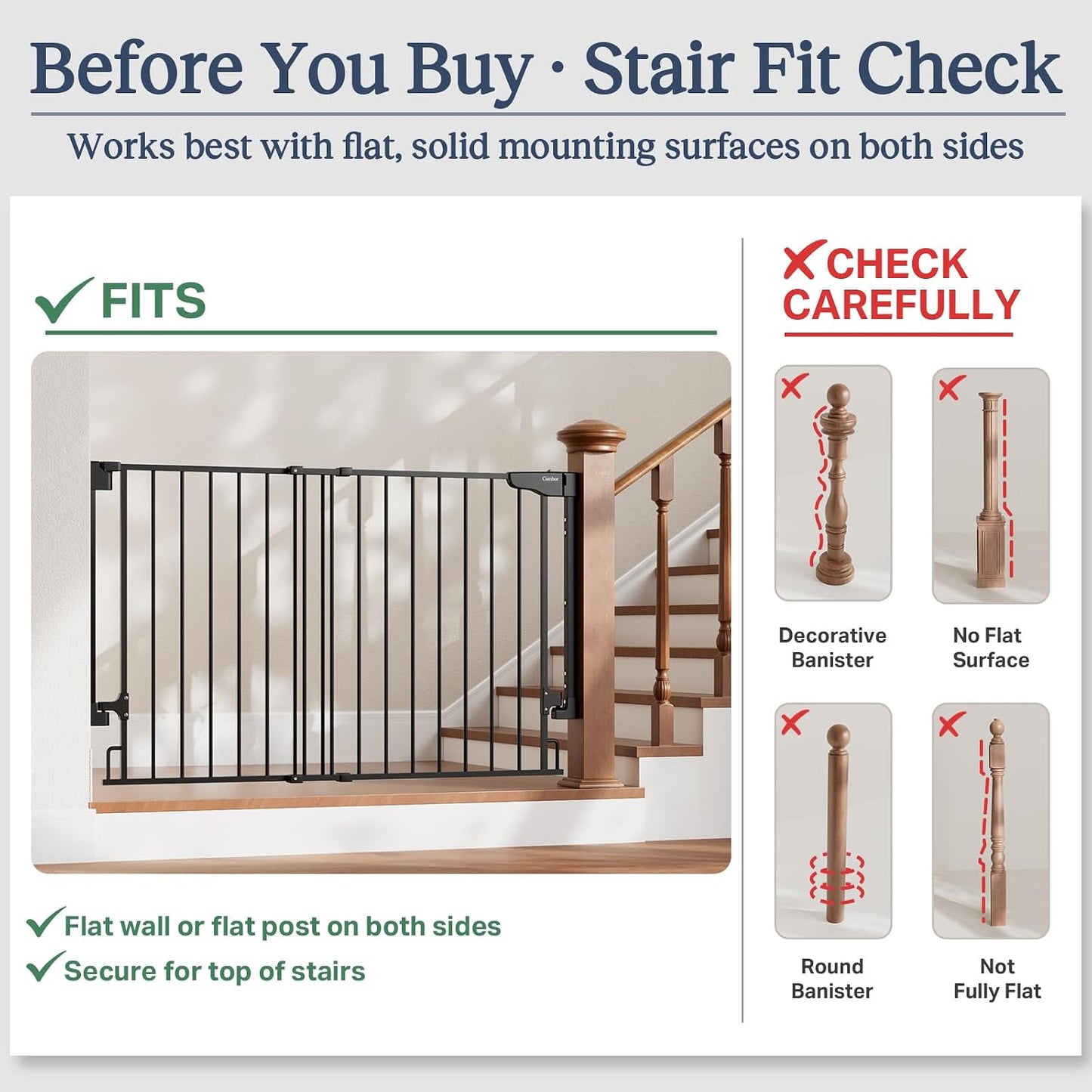 Cumbor 29.2–43" Baby Gate for Stairs, Hardware Mounted (Drill Required), Expandable No Bottom Bar Dog Gate, Auto Close Extra Wide Walk Thru, Pet & Toddler Proof Gate, Top & Bottom of Stairways (White)