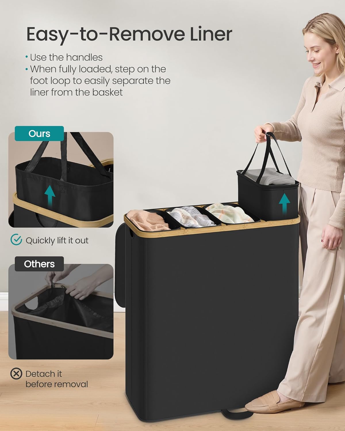 SONGMICS Laundry Hamper, Laundry Sorter with Lid, Storage Basket Bin, Removable Liners, Bamboo Frame, for Bedroom, 3 Sections, 44.9 Gal. (170 L), Ink Black ULCB533BH01