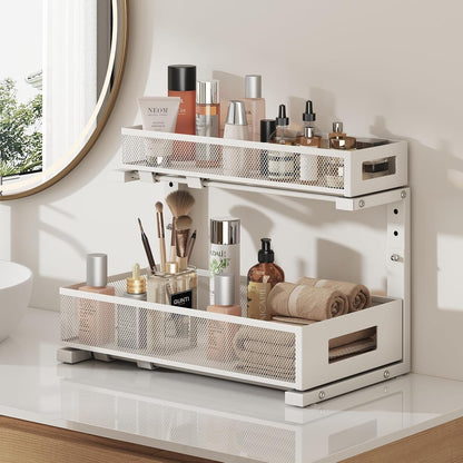 2-Pack Under Sink Storage Organizer, Large 2-Tier Elegant Mesh Pull Out Shelf for Kitchen and Bathroom Cabinet Organization, L-Shaped and Adjustable Height Design,Patent Pending-Black