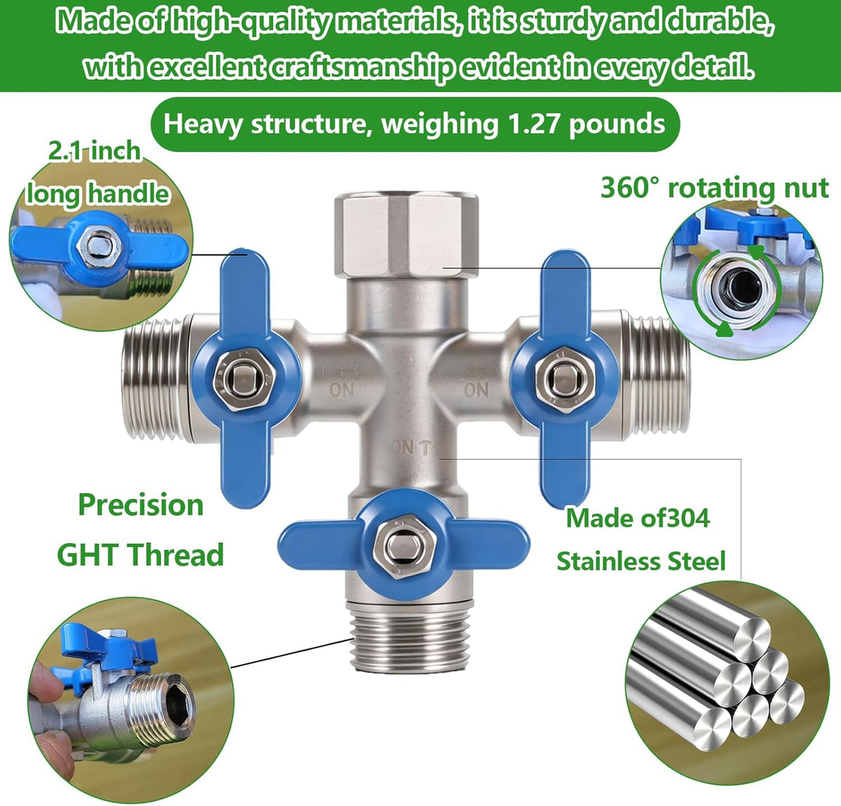304 Stainless Steel Garden Hose Splitter 2 Way Heavy Duty, Full Flow Hose Y Splitter with Long Handle,Lead-free Y Valve Water Garden Hose Adapter,3/4" GHT Threads