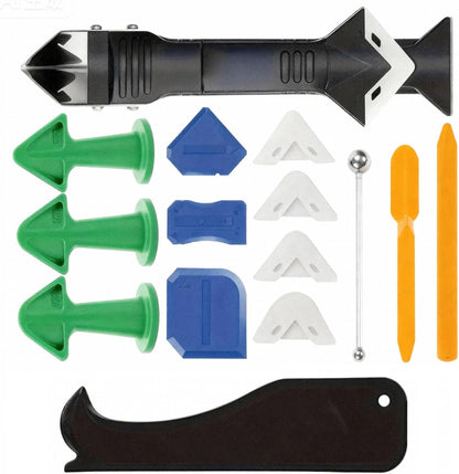 15-Piece Professional Sealant Finishing Kit: 3-in-1 Silicone Caulking Tool Set with Caulk Remover for Kitchen, Bathroom, Window, Door Gap Filling - Includes Scrapers, Nozzles & Corner Tools