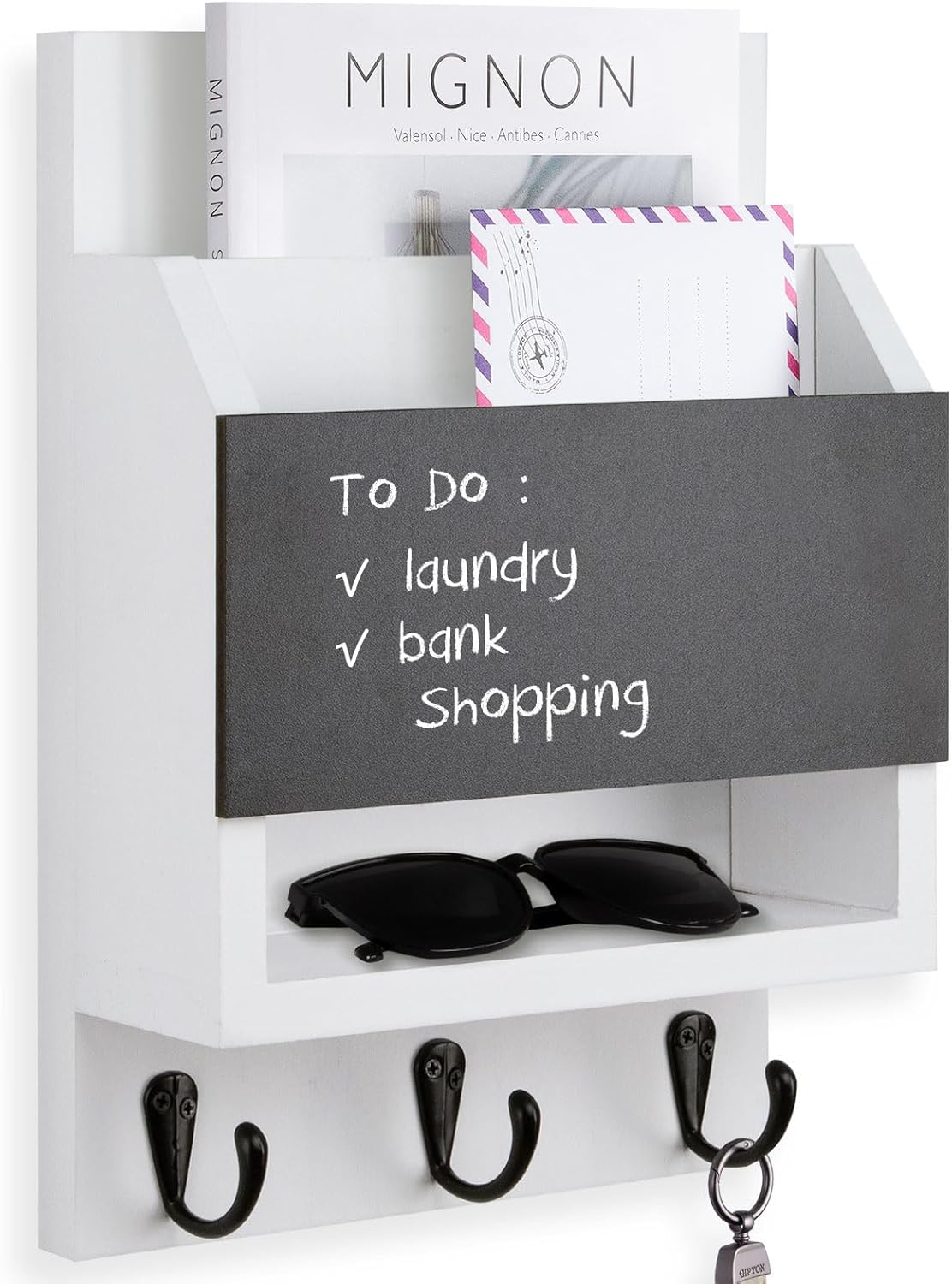 Key and Mail Holder for Wall, Key Holder with Chalkboard and Long Storage Box, Key Hanger with 3 Sturdy Hooks for Coat, Dog Leash, Entryway Mail Organizer (Black)