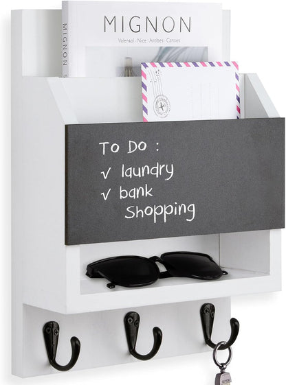 Key and Mail Holder for Wall, Key Holder with Chalkboard and Long Storage Box, Key Hanger with 3 Sturdy Hooks for Coat, Dog Leash, Entryway Mail Organizer (Black)