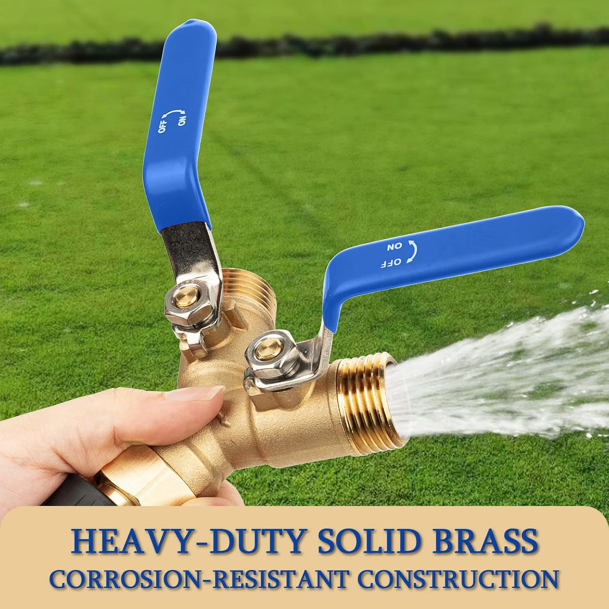 Garden Water Hose Splitter - RV Water Splitter 2 Way Heavy Duty Brass Spigot Hose Splitter - Outdoor Y Hose Bib 2 Valves with 2 Extra Rubber Washers for 3/4" Hose Connector (Blue)