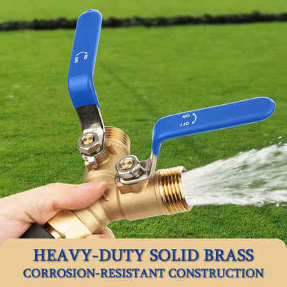 Garden Water Hose Splitter - RV Water Splitter 2 Way Heavy Duty Brass Spigot Hose Splitter - Outdoor Y Hose Bib 2 Valves with 2 Extra Rubber Washers for 3/4" Hose Connector (Blue)
