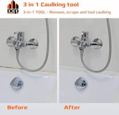 DCP Donseal 3 in 1 Caulking Tool Kit – Silicone Caulking Tool for Removal, Scraping & Finishing – Precise Caulk Remover & Applicator with 5 Tooling Pads – Stainless Steel Caulk Scraper for Smooth Seal
