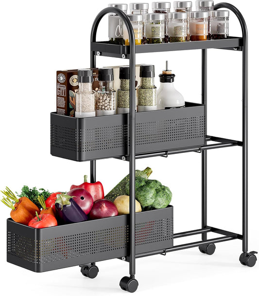 KINGRACK Slim Storage Cart with Drawer, 5-Tier Rolling Utility Cart on Wheels, Narrow Metal Cart for Space Save, Easy Assembly for Kitchen Cart, Craft Cart, Laundry, Bathroom, Nursery Organizer