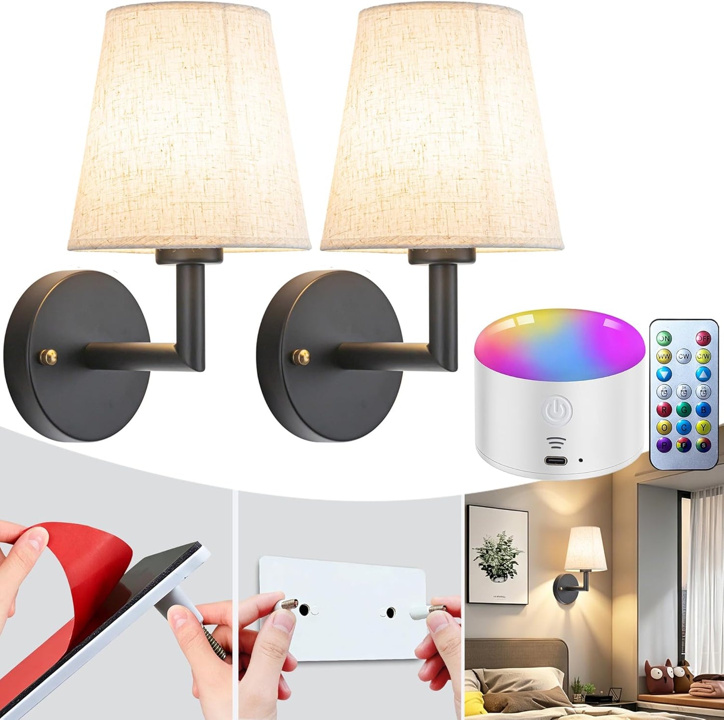 Wall Sconce Battery Operated Wall Light Fixure with Remote Control, Dimmable Battery Operated Wall Sconces Set Of Two, Indoor Wireless Wall Mounted Lamp with Rechargable Bulb For Bedroom Living Room (