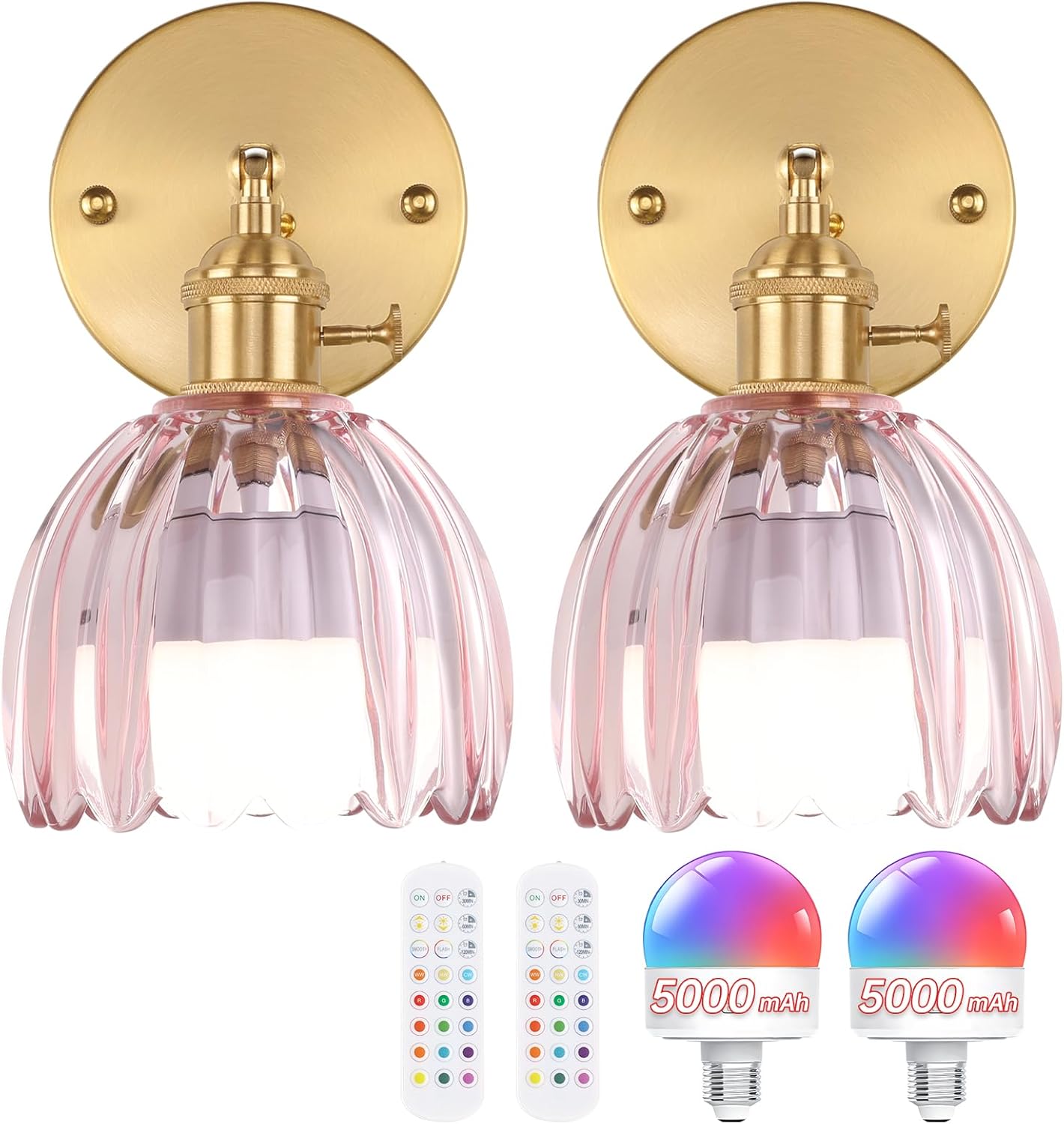Shenmoyl Vintage Battery Operated Wall Sconce with Transparent Tulip Glass Lampshade Rechargeable Battery Powered Wall Light with Remote Control for Bedside Bedroom Doorway, Set of 2
