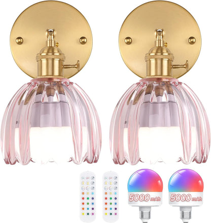 Shenmoyl Vintage Battery Operated Wall Sconce with Transparent Tulip Glass Lampshade Rechargeable Battery Powered Wall Light with Remote Control for Bedside Bedroom Doorway, Set of 2