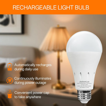 JackonLux Rechargeable Emergency LED Bulb Multi-Function Battery Backup Emergency Light for Power Outage Camping Outdoor Activity Hurricane (4, White-5000K-4PK)