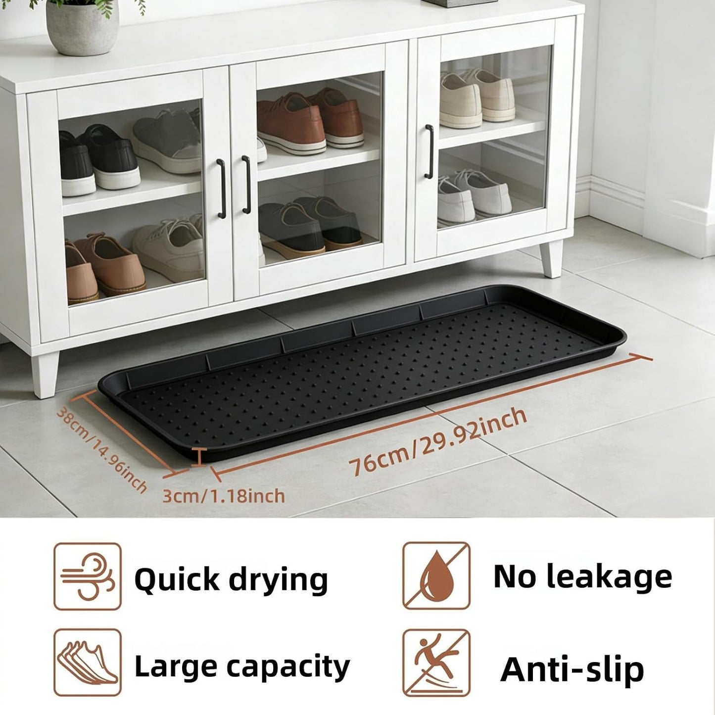 Silicone Boot Tray, 30"x15" Non Slip Shoe Tray for Entryway, Easy to Clean Shoe Mat for Muddy & Wet Shoes Water Proof Rug for Front Door Patio Porch Room (Black)