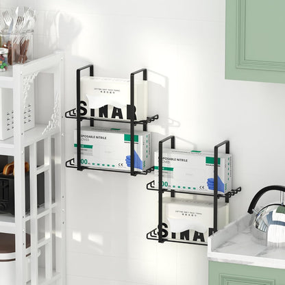 Glove Holder Dispenser for Wall Mount Metal Disposable Latex Glove Box Holder for Home Office, Lab and Garage, Tissue Wire Rack Wall-Mounted for Kitchen Organizer Decor, Blak