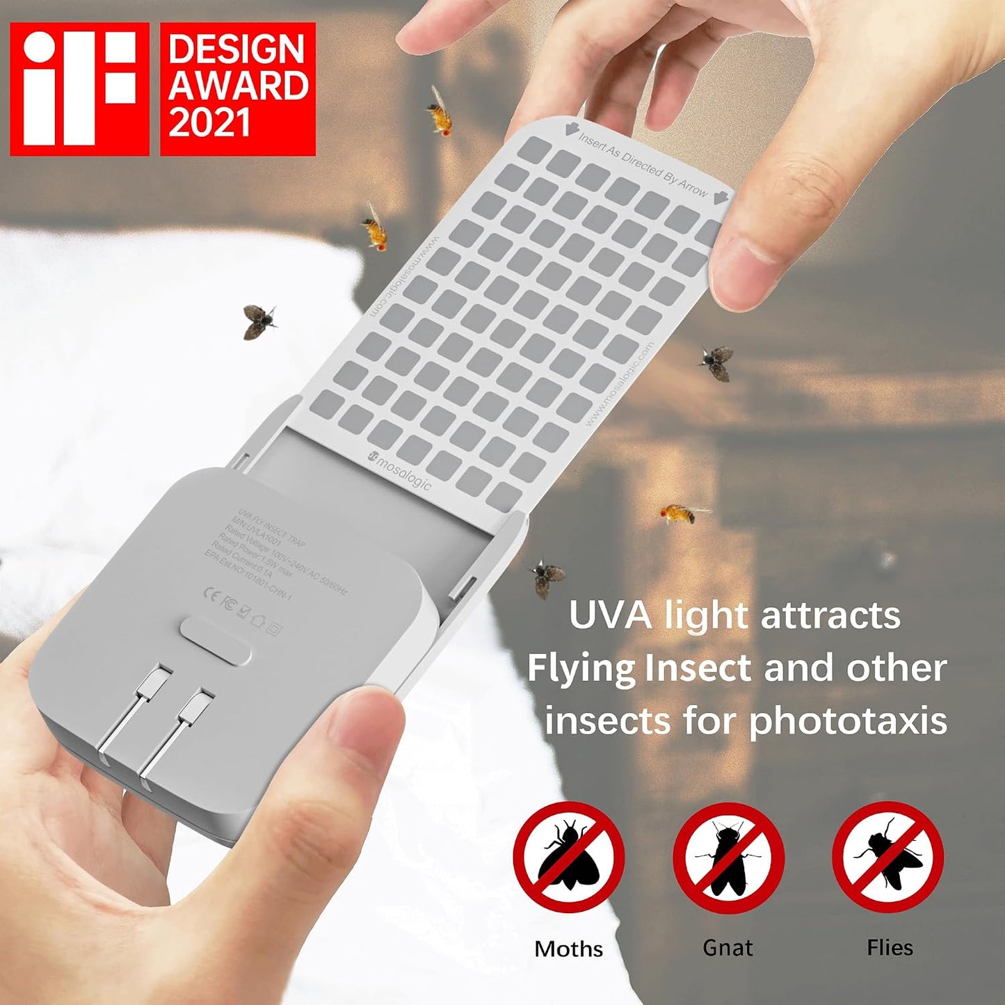 Mosalogic Fruit Fly Traps for House Use Gnat Trap Flying Insect Trapper Plug-in Mosquito Killer Indoor Gnat Moth Catcher Fly Tapper with Night Light UV Attractant Catcher for Home Office White-1PACK