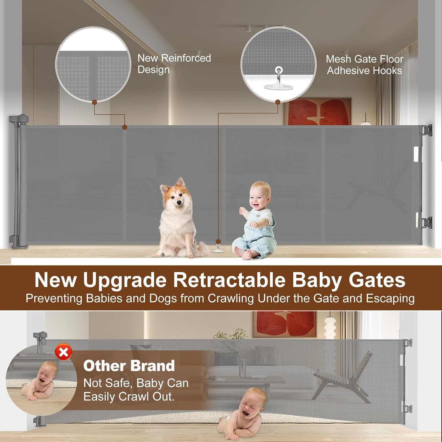 Miumoon 50 inch Retractable Baby Gates 34 inch Tall, Retractable Gate with Reinforced Strip Design to Prevent Crawling Through, Retractable Dog Gate for Stairs, Doorways, Hallways
