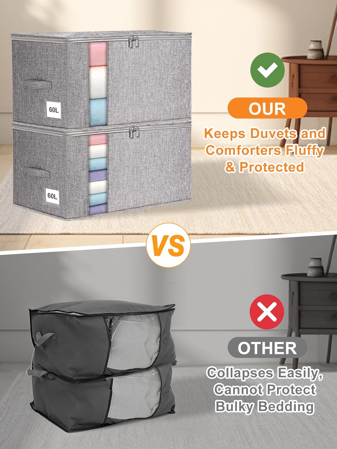 punemi Comforter Storage Bag, Large Blanket Storage Bags with Sturdy Structure, Zipper & 2 Handles for King/Queen Comforters, Quilts, Duvets, Pillows, Bedding and Clothes, 21.7x14.2x11.8in, 2 Pack