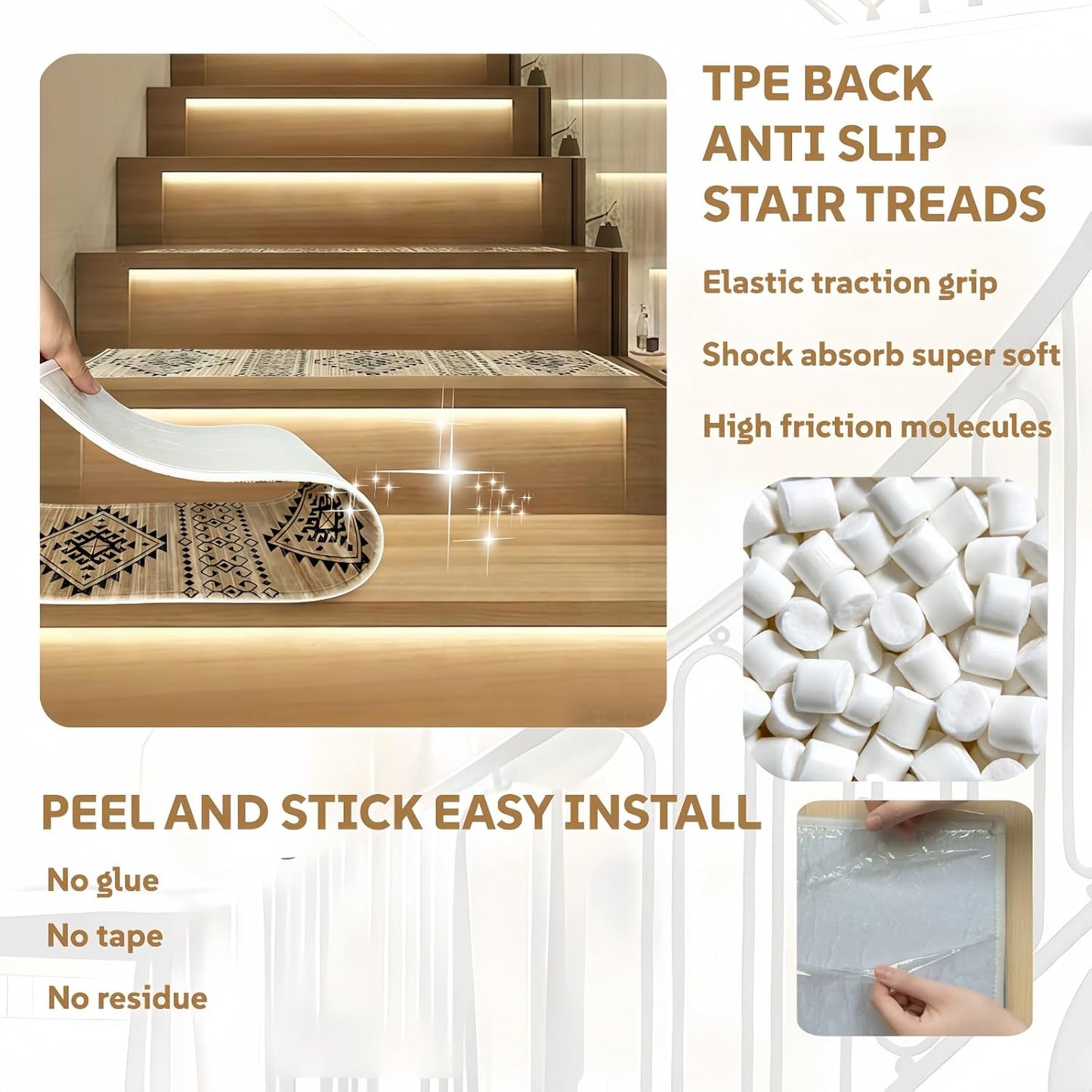 Stair Treads for Wooden Steps, Non Slip Stair Treads Carpet Indoor Residue Free Peel and Stick Washable Stair Covers, Safe for Dogs Kids Elders, Moroccan Beige, 8x30 inch, 1 Pack