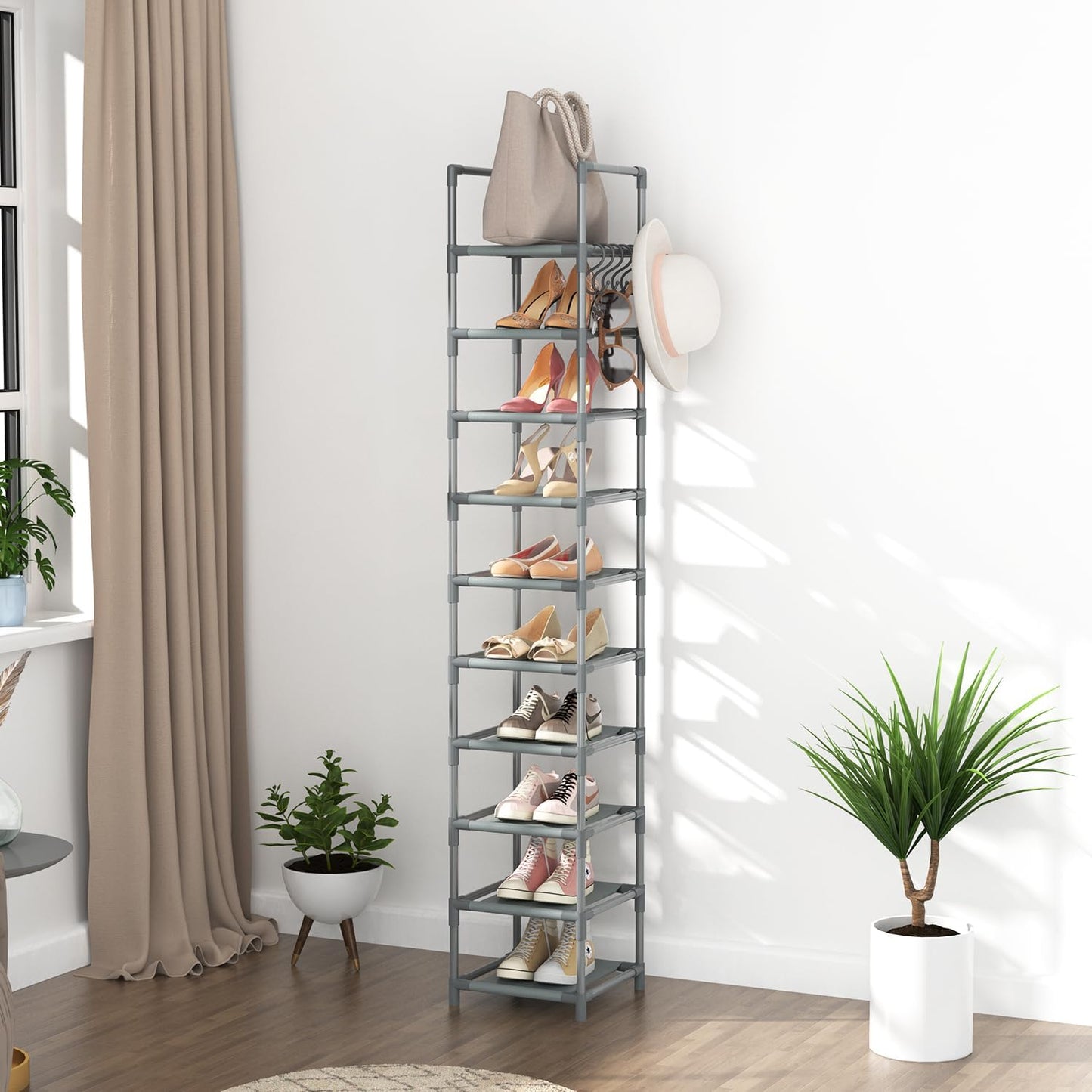 LANTEFUL Tall Narrow Shoe Rack for Entryway, 10-Tier Sturdy Metal Shoe Shelf Storage 10-15 Pairs of Shoes and Boots, Space Saving Corner Shoe Rack Organizer for Closet,Doorway,Garage,Living Room