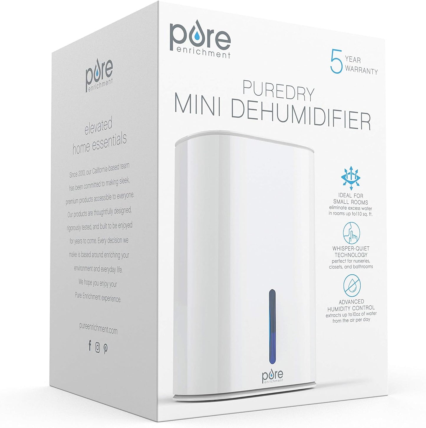 Pure Enrichment PureDry Mini Dehumidifier - 27oz Compact Water Tank Eliminates 300ml/day of Excess Moisture from Closets, Bathrooms, Boats, Kitchens, and Other Small Rooms and Living Spaces