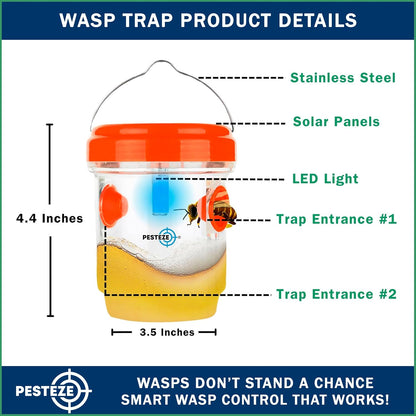 PESTEZE USA 2 Pack Reusable Solar Hanging Wasp Trap with LED Light [Orange, 3.5×4.4 in]–Attracts & Stop Wasps, Hornets, Yellow Jackets & Flying Insects Safely, Waterproof Outdoor Trap