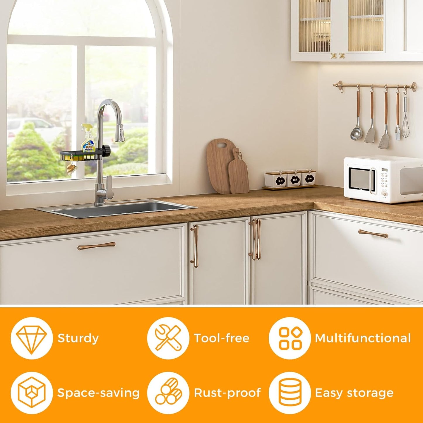 LONIN Stainless Steel Kitchen Sink Organizer Caddy – Over Faucet Sponge & Brush Holder, Rust-Resistant, Adjustable Universal Fit Faucet Rack, Quick Drain Sink Space Saver
