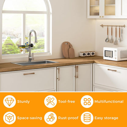 LONIN Stainless Steel Kitchen Sink Organizer Caddy – Over Faucet Sponge & Brush Holder, Rust-Resistant, Adjustable Universal Fit Faucet Rack, Quick Drain Sink Space Saver
