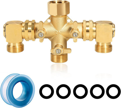 Garden Hose Splitter High Flow Splitter No Restricted-Flow Connector Heavy Duty Brass Hose Splitter with Shut Off Valves 3 way Hose Bib Adapter (Cross 3 way)