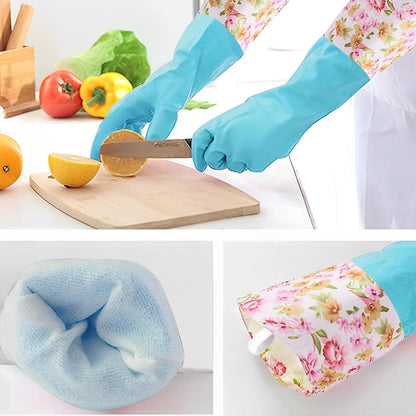 KINGFINGER 2 Pairs Latex-Free Reusable Dishwashing Gloves,PVC Waterproof Long Cuff and Flock Lining Household Cleaning Gloves,for Kitchen & Bathroom Cleaning, Large