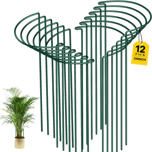 12 Pack Plant Support Stakes, 10" Wide x 24" High Half Round Metal Peony Cages and Support, Green Garden Plant Stake Plant Support Ring Border for Peony Tomato, Hydrangea, Flower Indoor Outdoor