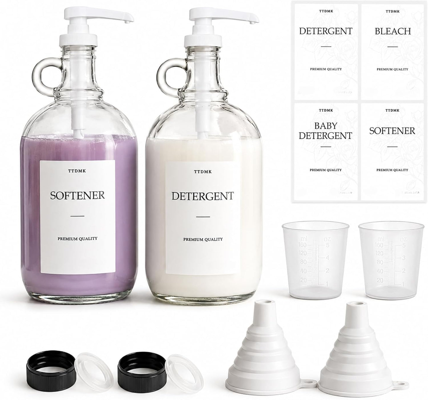 2 Pcs Glass Liquid Laundry Detergent Dispenser, Half Gallon Laundry Soap Dispenser for Laundry Room (64 oz. Each), Laundry Detergent Bottles with Pump Dispenser -Includes Labels, Funnel, Measuring Cup