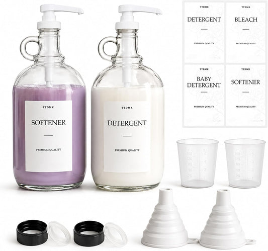 2 Pcs Glass Liquid Laundry Detergent Dispenser, Half Gallon Laundry Soap Dispenser for Laundry Room (64 oz. Each), Laundry Detergent Bottles with Pump Dispenser -Includes Labels, Funnel, Measuring Cup