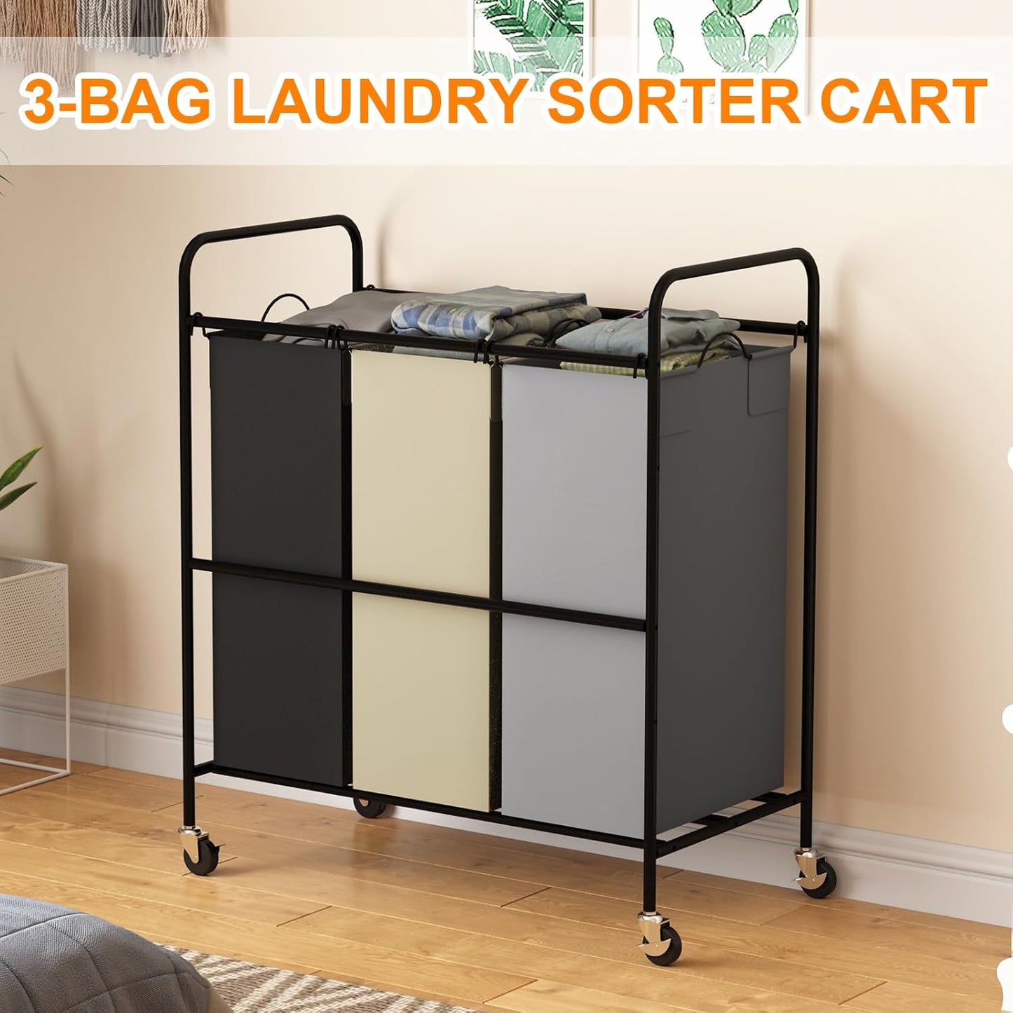 3 Section 3x40L Laundry Sorter Cart, Heavy Duty Laundry Basket with Lockable Wheels, 120L Large Rolling Laundry Hamper with Removable Bags for Dirty Clothes Storage