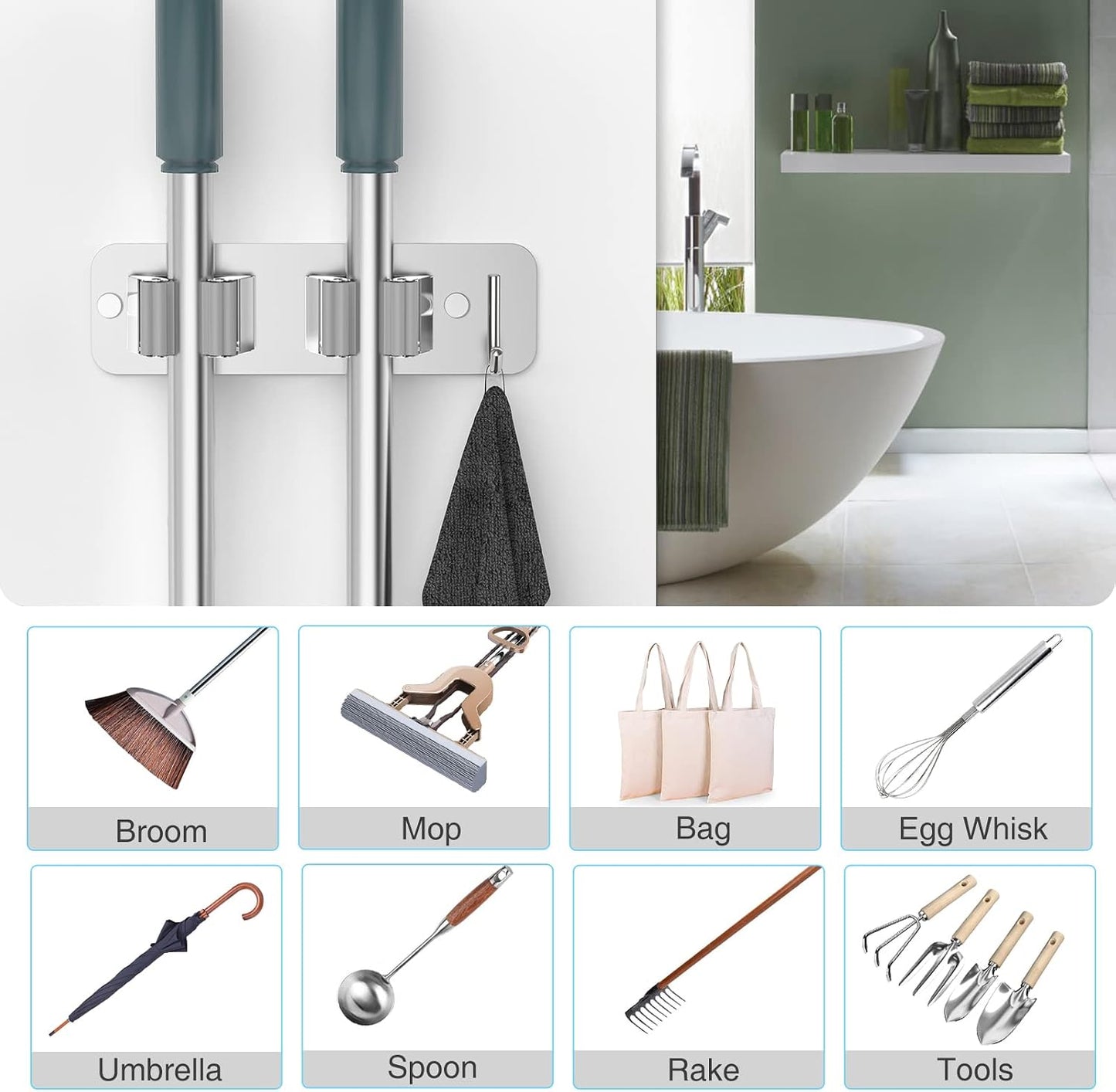homeasy Wall Mount Mop and Broom Holder, Heavy Duty Stainless Steel Organizer Rack with Hooks | 2-Pack, 2-in-1 No Drill & Screw Installation, Black