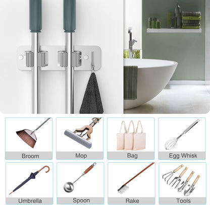 homeasy Wall Mount Mop and Broom Holder, Heavy Duty Stainless Steel Organizer Rack with Hooks | 2-Pack, 2-in-1 No Drill & Screw Installation, Black