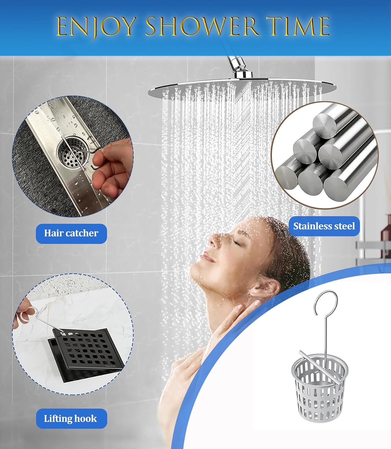 Neodrain Shower Drain Hair Catcher – Stainless Steel Hair & Debris Strainer with Lifting Hook, Hair Trap Filter Basket for Bathroom Drains, Reusable Hair Strainer for Clog-Free Drains