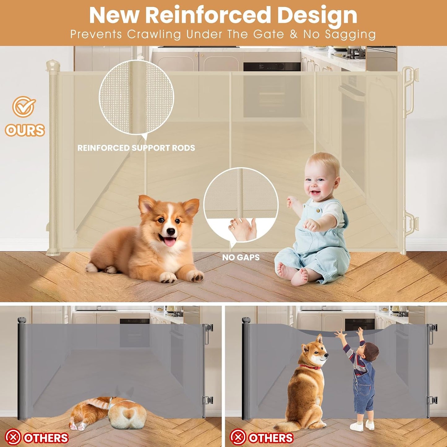 SPACEANY Reinforced Retractable Baby Gate, Mesh Dog Gate, Child Safety Gate for Doorways, Stairs, Hallways, Indoor/Outdoor, Wide Openings -33.5" Tall, Width up to 55" Gray