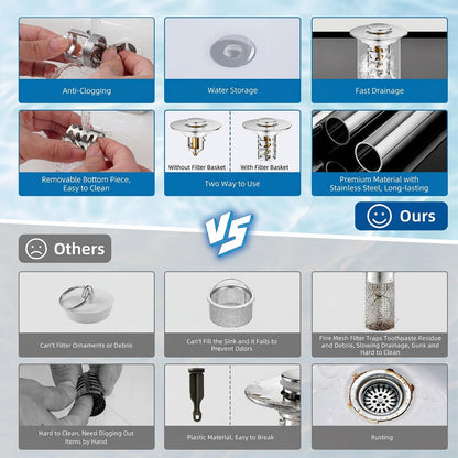 1.1"-2.36" Bathroom Stopper Stainless Steel Hair Catcher Silver 1 Pack | pop-up stopper with detachable hair filter, rustproof, easy clean & install, blocks hair to stop drain clogs
