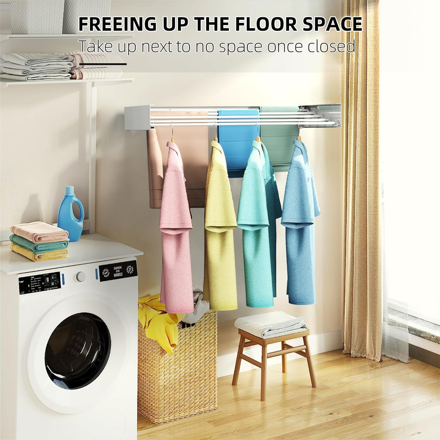 Laundry Drying Rack, Collapsible Wall Mounted Clothes Drying Rack - Foldable,Space Saving, 13.2 Linear Ft, 5 Aluminum Rods, 60 lb Capacity (White, 40" Wide)