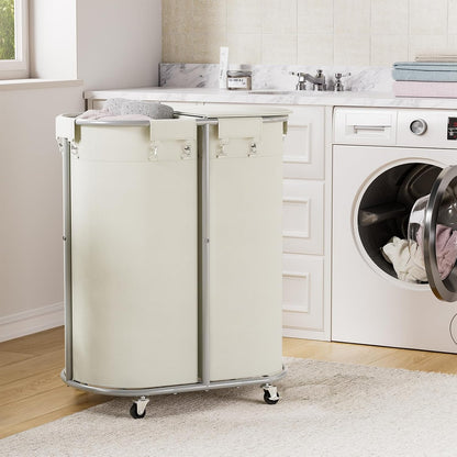 200L Double Laundry Hamper with Lid and Wheels, Large Oval Rolling Laundry Basket 2 section, Sturdy Metal Laundry Cart with 2 Removable Bags, Dirty Clothes Organizer for Home, Dorm, Black