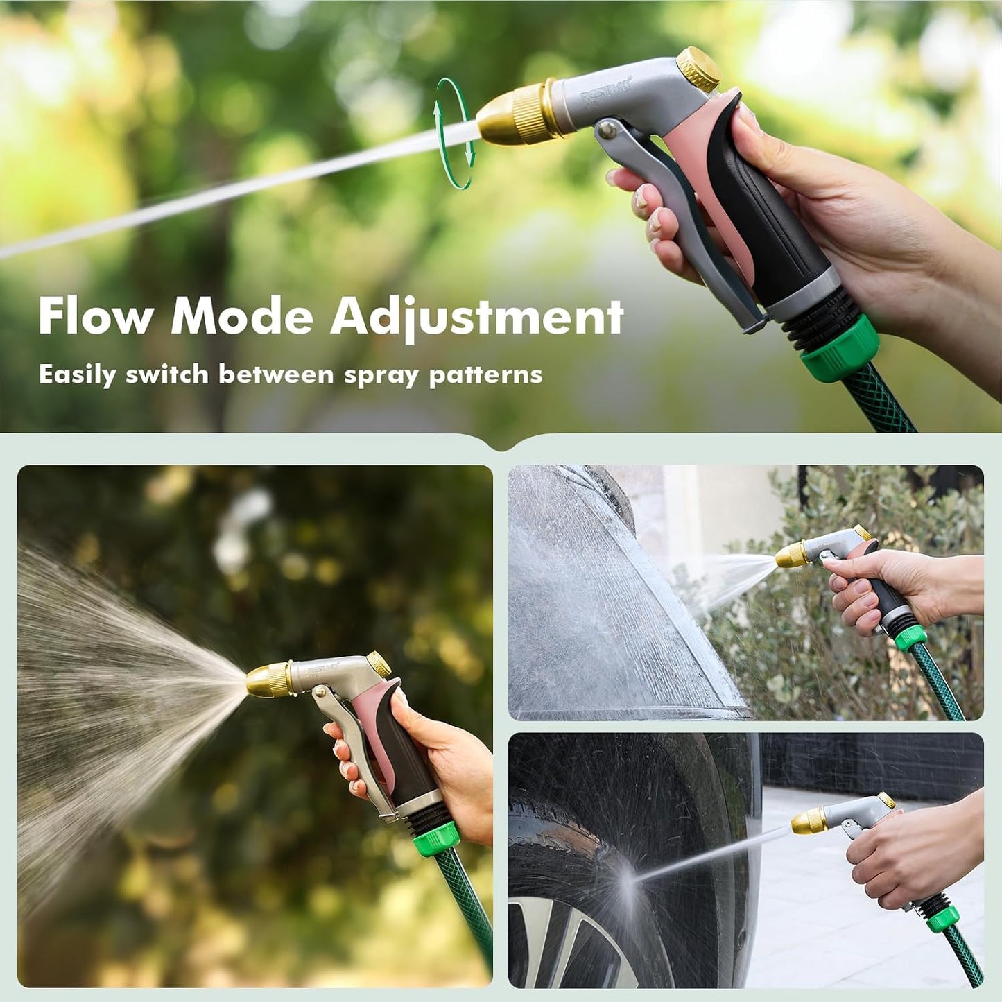 RESTMO Metal Water Hose Nozzle, Heavy Duty Garden Hose Sprayer for Outdoor | Adjustable Brass Spray Head, 4 Watering Patterns, Jet | Mist | Cone | Full, Leak-proof, Ideal for Lawn & Plant & Car, Green