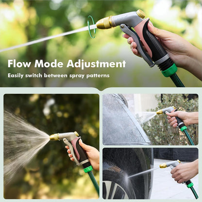 RESTMO Metal Water Hose Nozzle, Heavy Duty Garden Hose Sprayer for Outdoor | Adjustable Brass Spray Head, 4 Watering Patterns, Jet | Mist | Cone | Full, Leak-proof, Ideal for Lawn & Plant & Car, Green