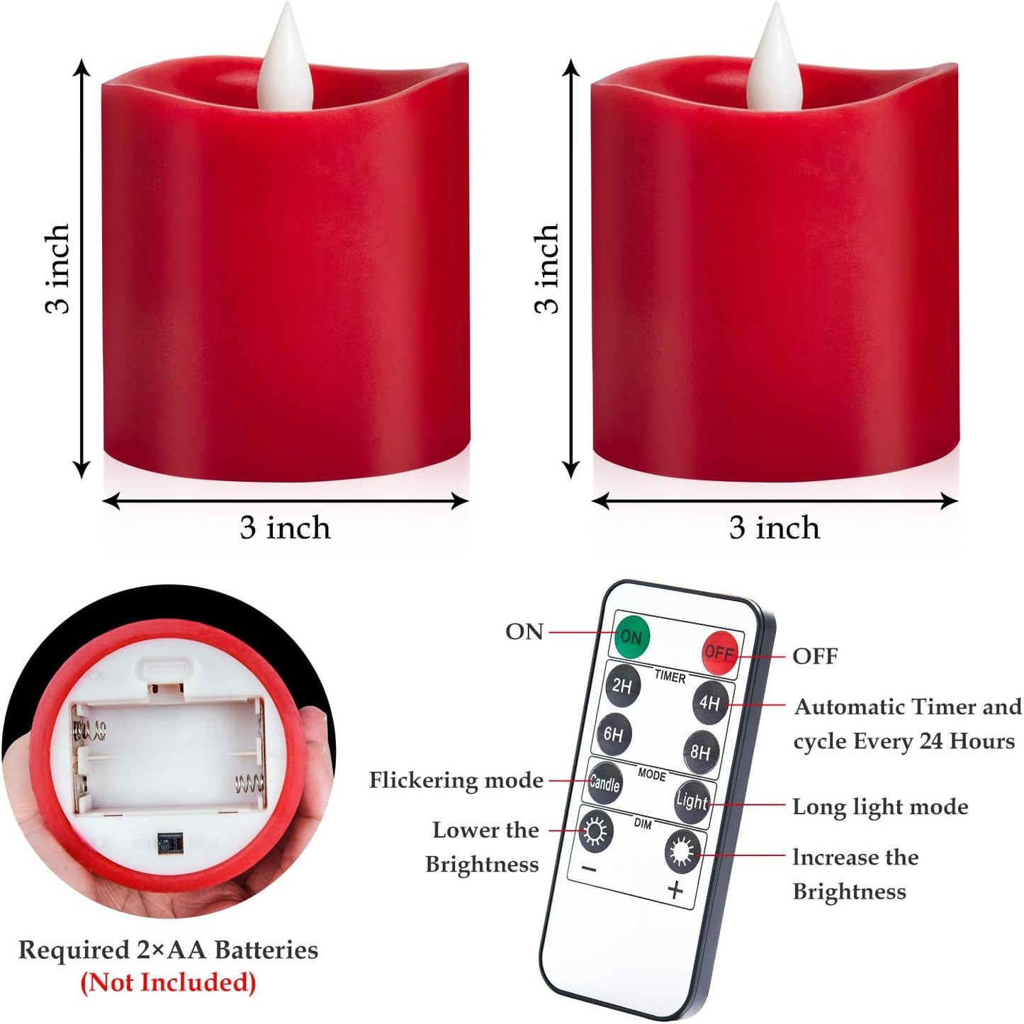 3"x4" Flickering Flameless Battery Candles with Timer, White Realistic LED Pillar Candles, Set of 2 Large Remote-Operated Candles for Home Indoor/Outdoor & Holiday Decor