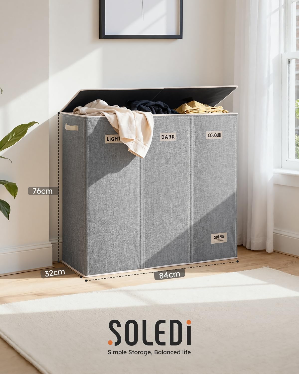 SOLEDI 180L Laundry Hamper 3 Section, Extra Large Laundry Hamper with Lid, Dirty Clothes Hamper with Sturdy Handle, Large Laundry Basket Organizer for Laundry Room, Bedroom, Hampers for Laundry